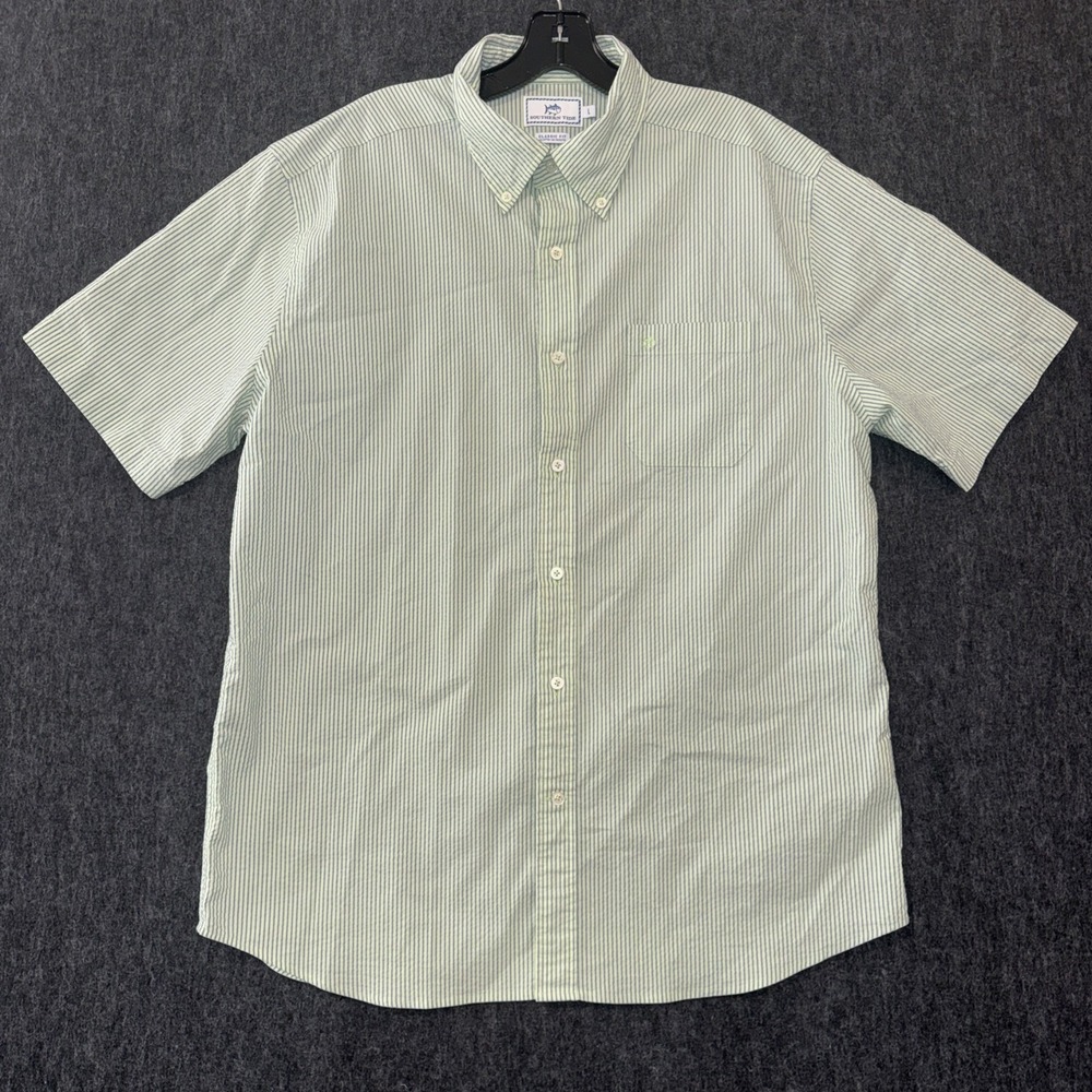 Southern Tide Shirt Men Large Blue Green Striped Classic Fit Button Down Texture
